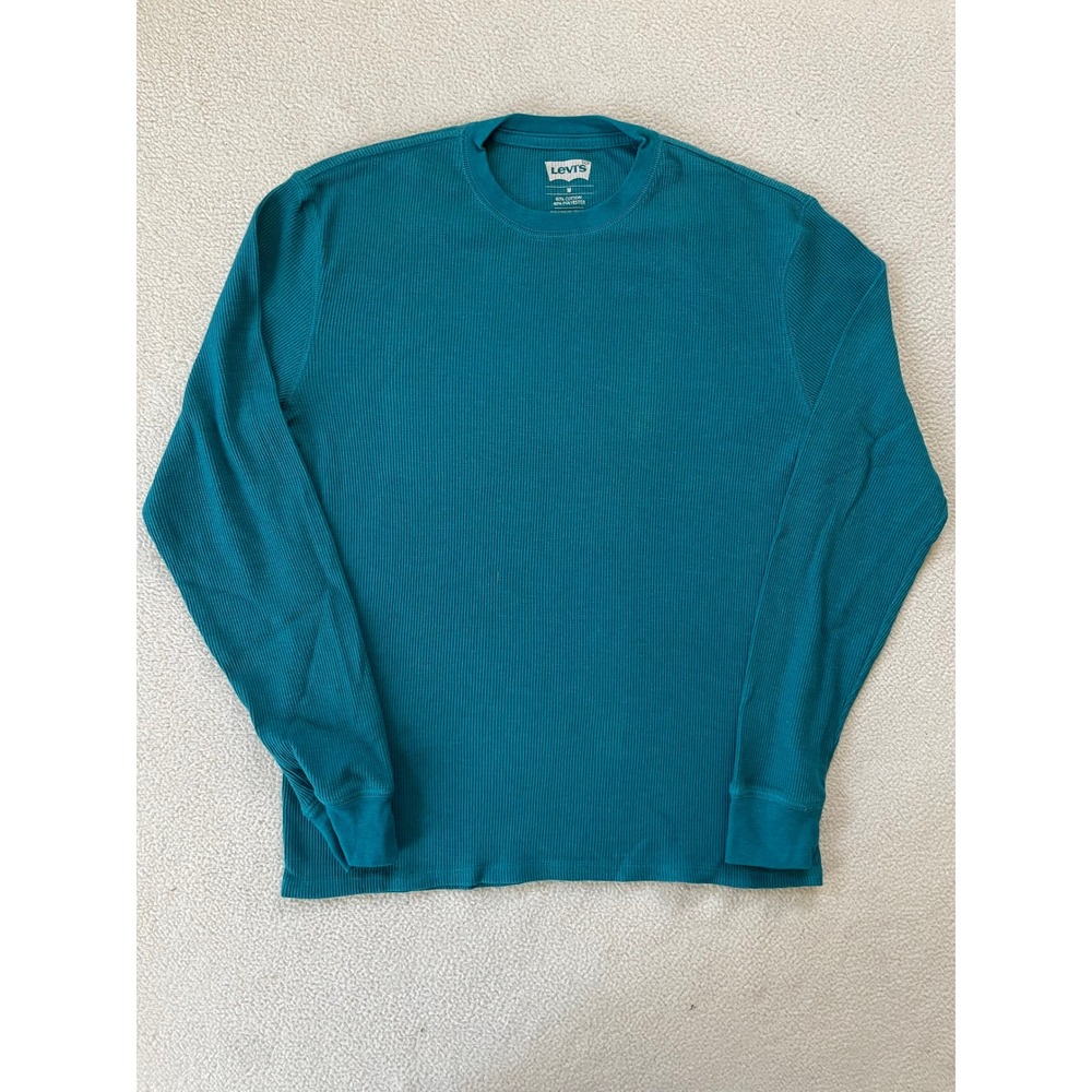 Levis Mens Medium Shirt Teal Waffle Knit Thermal Long Sleeve Crewneck Turquoise